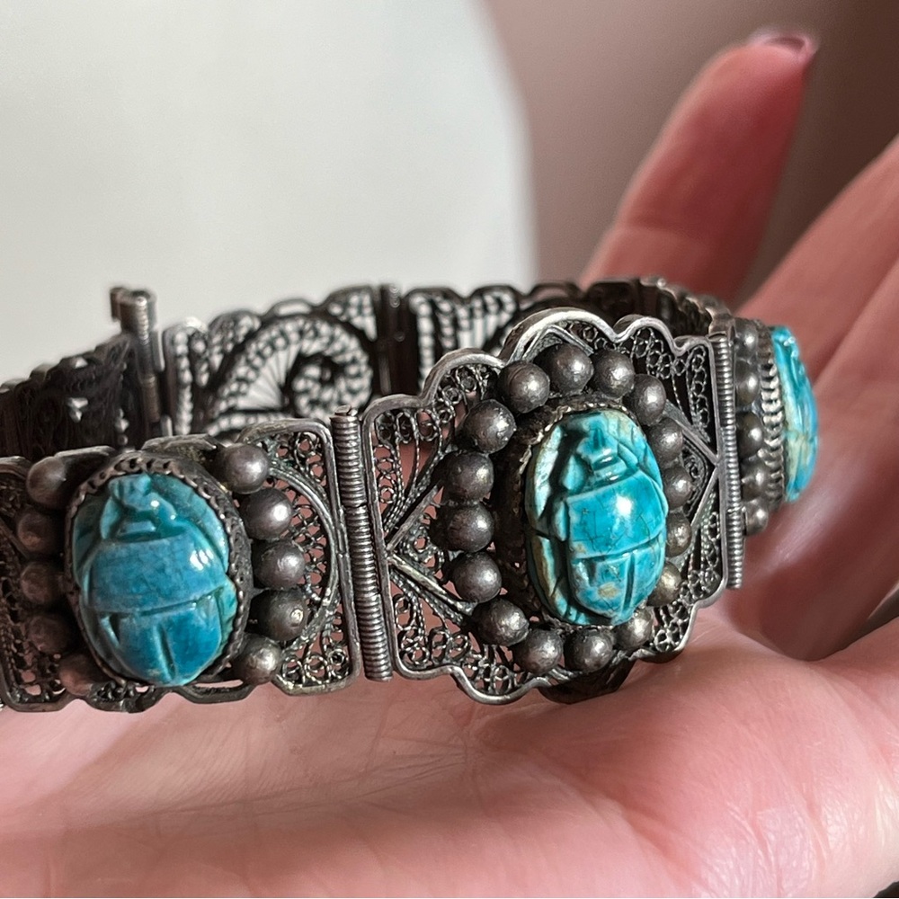 Antique Art Deco Sterling Silver Egyptian turquoise Scarab Beetle wide Bracelet